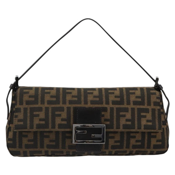 FENDI Zucca Canvas Mamma Baguette Shoulder Bag Black Brown Auth 184907SAM