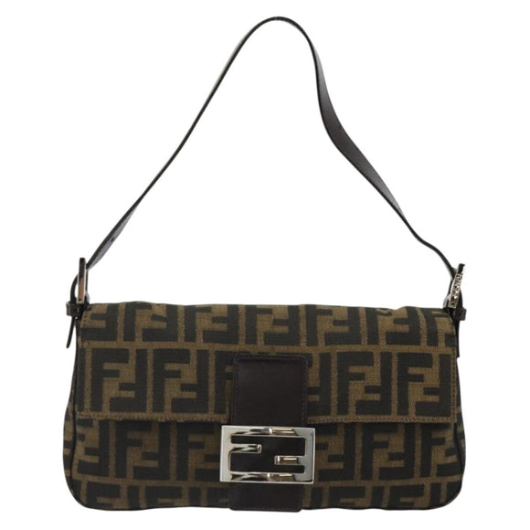 FENDI Zucca Canvas Mamma Baguette Shoulder Bag Black Brown Auth 184908SAM