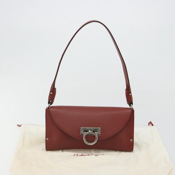Salvatore Ferragamo Gancini Shoulder Bag Leather Brown Silver Auth 184909A