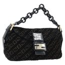FENDI Zucchino Canvas Chain Mamma Baguette Bag Velor Black Gold Auth 184912-1