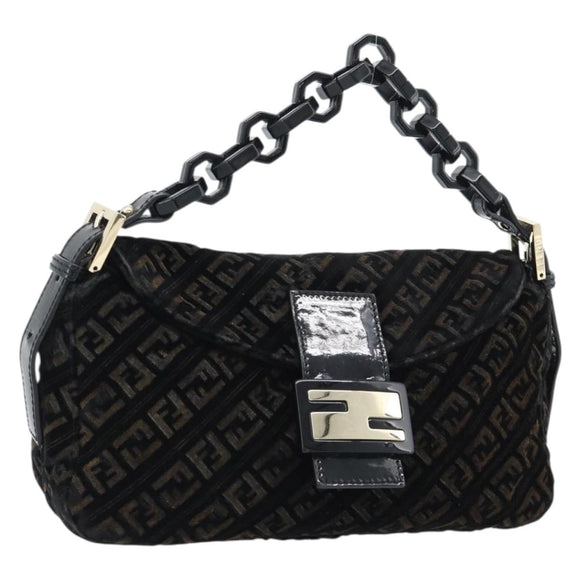 FENDI Zucchino Canvas Chain Mamma Baguette Bag Velor Black Gold Auth 184912
