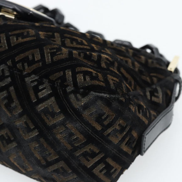 FENDI Zucchino Canvas Chain Mamma Baguette Bag Velor Black Gold Auth 184912