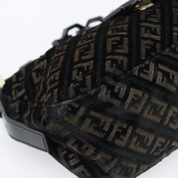 FENDI Zucchino Canvas Chain Mamma Baguette Bag Velor Black Gold Auth 184912