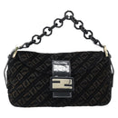 FENDI Zucchino Canvas Chain Mamma Baguette Bag Velor Black Gold Auth 184912-2