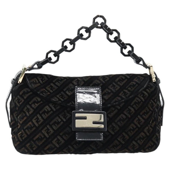 FENDI Zucchino Canvas Chain Mamma Baguette Bag Velor Black Gold Auth 184912