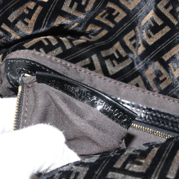 FENDI Zucchino Canvas Chain Mamma Baguette Bag Velor Black Gold Auth 184912