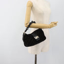 FENDI Zucchino Canvas Chain Mamma Baguette Bag Velor Black Gold Auth 184912-22