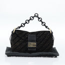 FENDI Zucchino Canvas Chain Mamma Baguette Bag Velor Black Gold Auth 184912-23