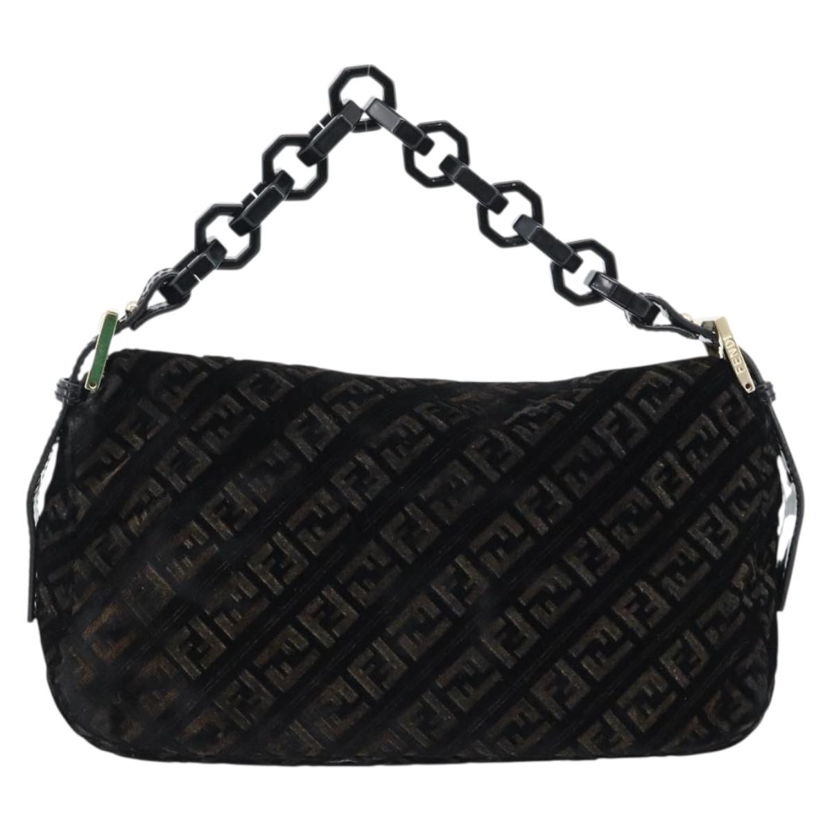 FENDI Zucchino Canvas Chain Mamma Baguette Bag Velor Black Gold 