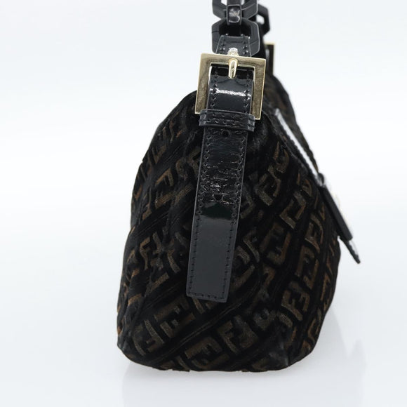 FENDI Zucchino Canvas Chain Mamma Baguette Bag Velor Black Gold Auth 184912