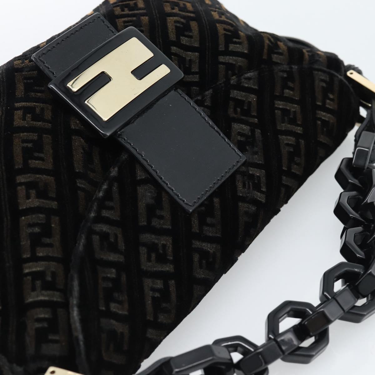 FENDI Zucchino Canvas Chain Mamma Baguette Bag Velor Black Gold 