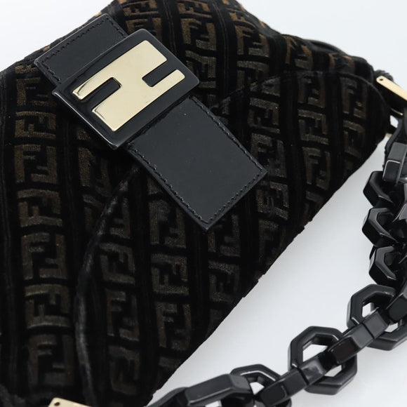 FENDI Zucchino Canvas Chain Mamma Baguette Bag Velor Black Gold Auth 184912