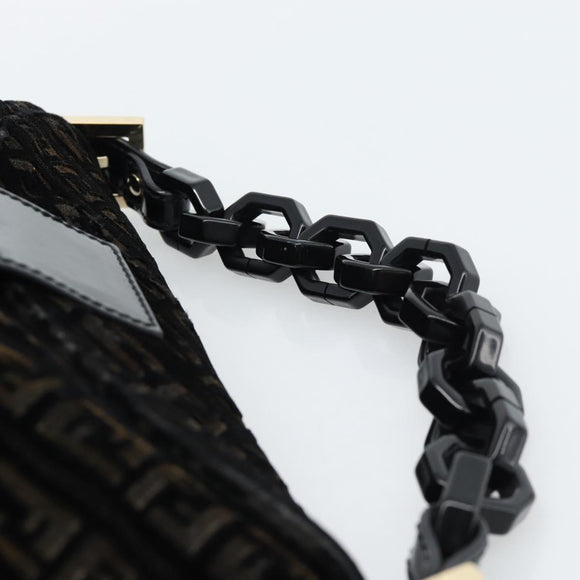 FENDI Zucchino Canvas Chain Mamma Baguette Bag Velor Black Gold Auth 184912