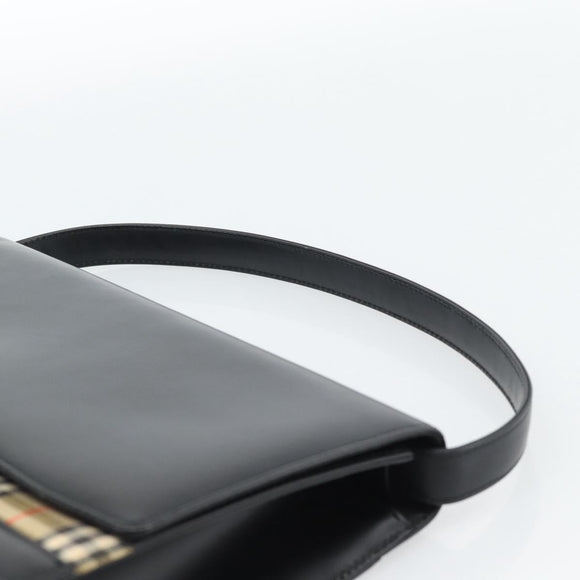BURBERRY Nova Check Shoulder Bag Leather Black Silver Auth 184916