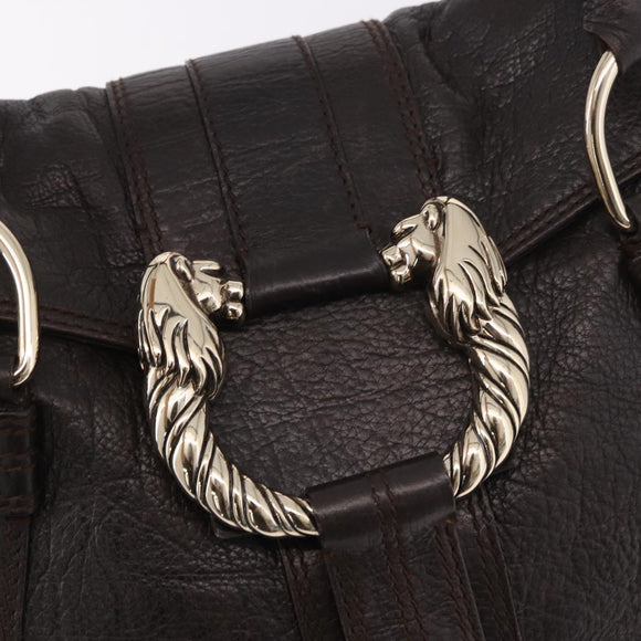 BVLGARI Leoni Tote Bag Leather Dark Brown Gold Auth 184934A