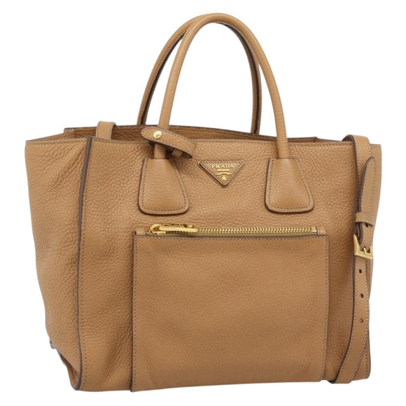PRADA Hand Bag Leather 2way Beige Gold Auth 184937V