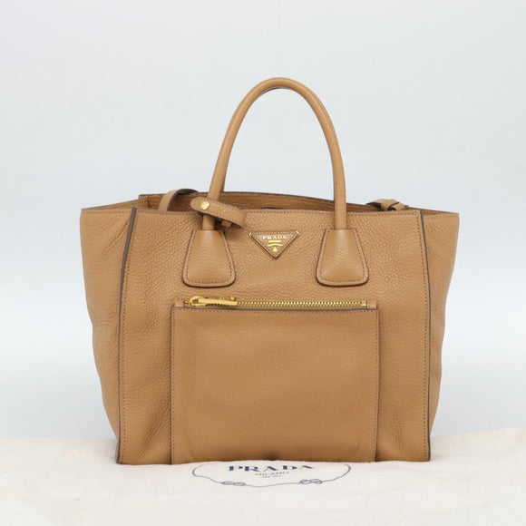 PRADA Hand Bag Leather 2way Beige Gold Auth 184937V