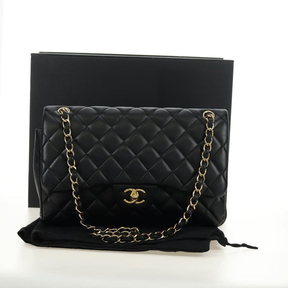 CHANEL Big Matelasse30 Chain Shoulder Bag Lamb Skin Black Gold CC Auth 184946SAV