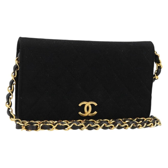 CHANEL Matelasse Chain Shoulder Bag Cotton Black Gold CC Auth 184947