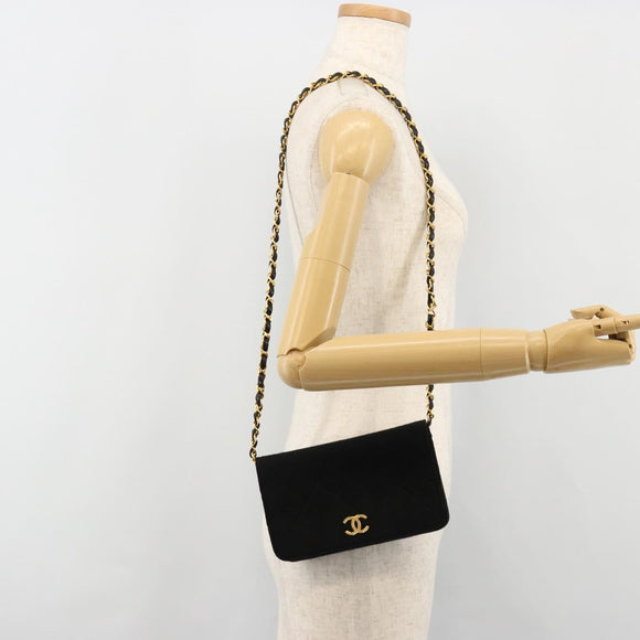 CHANEL Matelasse Chain Shoulder Bag Cotton Black Gold CC Auth 184947