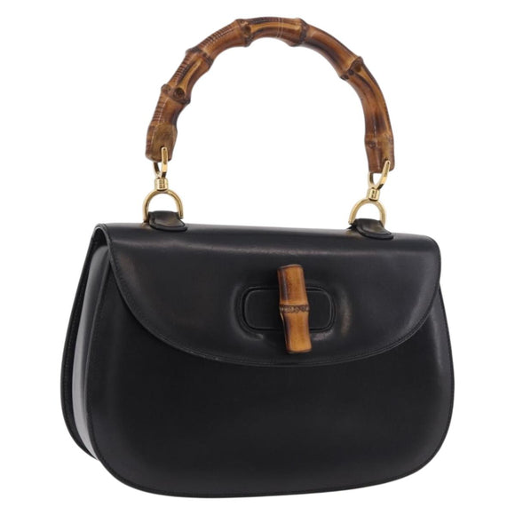GUCCI Bamboo Hand Bag Leather Black Gold 000 01 0633 Auth 184960V