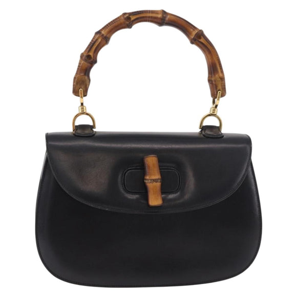 GUCCI Bamboo Hand Bag Leather Black Gold 000 01 0633 Auth 184960V