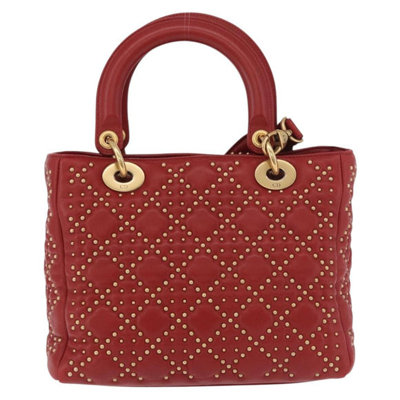 Christian Dior Lady Dior Canage Hand Bag Leather 2way Red Gold Auth 184976M