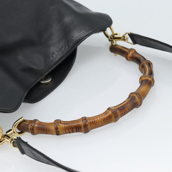 GUCCI Bamboe Schoudertas Leer 2-weg Zwart Goud 001 1998 1638 Auth 184979