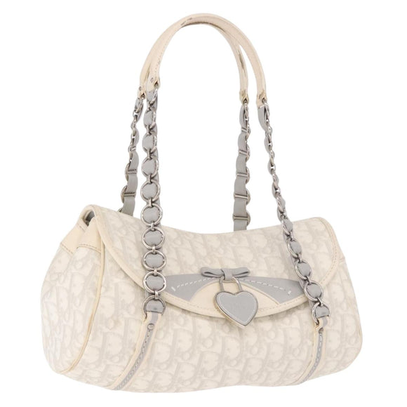 Christian Dior Trotter Canvas Romantic Chain Bag PVC White Silver Auth 185008SAV