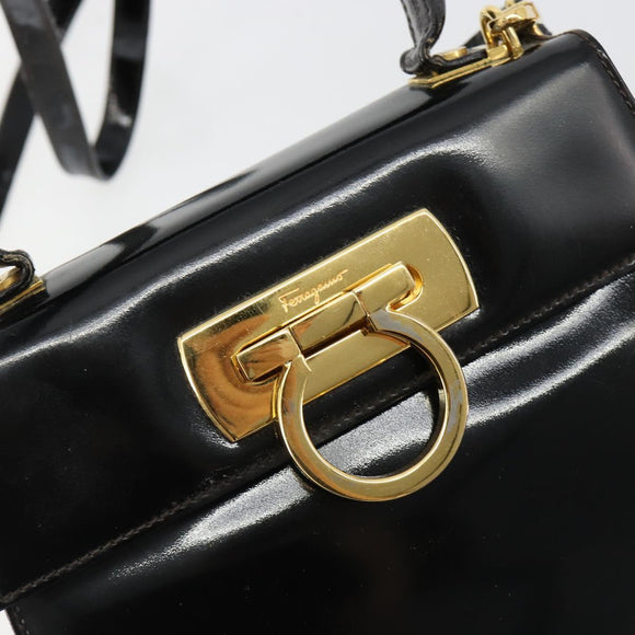 Salvatore Ferragamo Gancini Hand Bag Leather 2way Black Gold Auth 185010