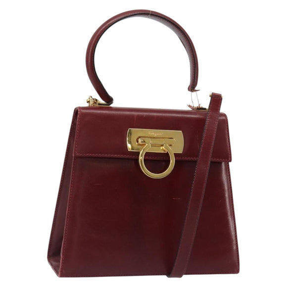 Salvatore Ferragamo Gancini Hand Bag Leather 2way Red Gold Auth 185011