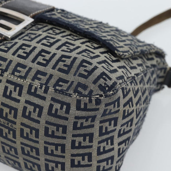 FENDI Zucchino Canvas Mamma Baguette Shoulder Bag Navy Silver Auth 185018