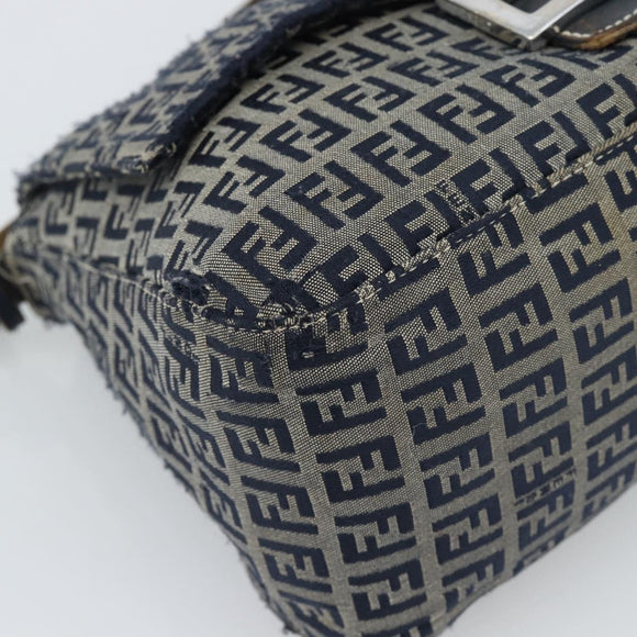 FENDI Zucchino Canvas Mamma Baguette Shoulder Bag Navy Silver Auth 185018