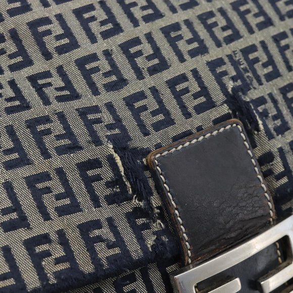 FENDI Zucchino Canvas Mamma Baguette Shoulder Bag Navy Silver Auth 185018