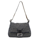 FENDI Zucchino Canvas Mamma Baguette Shoulder Bag Navy Silver Auth 185018-13