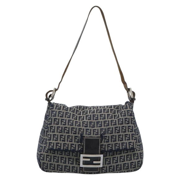 FENDI Zucchino Canvas Mamma Baguette Shoulder Bag Navy Silver Auth 185018