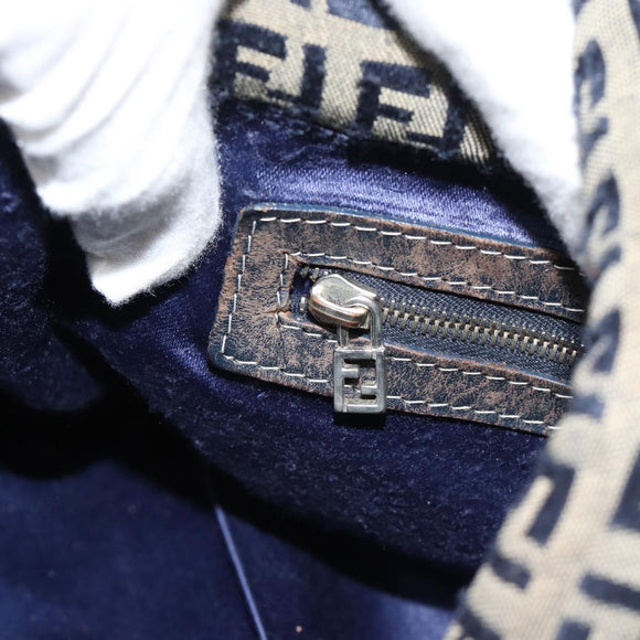 FENDI Zucchino Canvas Mamma Baguette Shoulder Bag Navy Silver Auth 185018