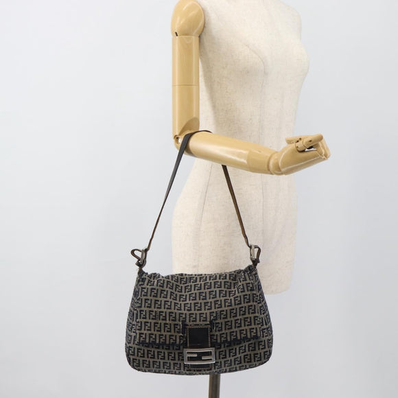 FENDI Zucchino Canvas Mamma Baguette Shoulder Bag Navy Silver Auth 185018