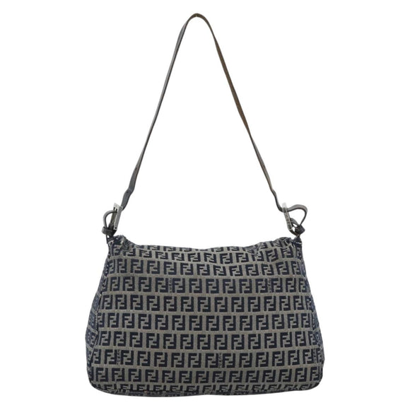 FENDI Zucchino Canvas Mamma Baguette Shoulder Bag Navy Silver Auth 185018