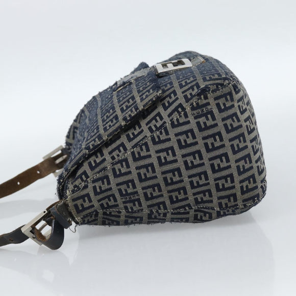 FENDI Zucchino Canvas Mamma Baguette Shoulder Bag Navy Silver Auth 185018