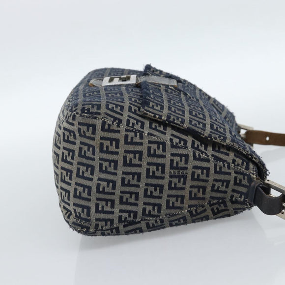 FENDI Zucchino Canvas Mamma Baguette Shoulder Bag Navy Silver Auth 185018