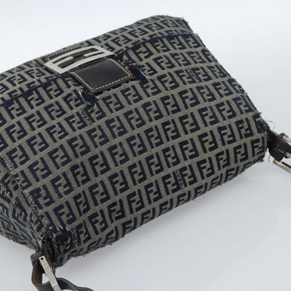 FENDI Zucchino Canvas Mamma Baguette Shoulder Bag Navy Silver Auth 185018