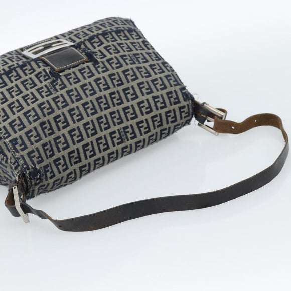 FENDI Zucchino Canvas Mamma Baguette Shoulder Bag Navy Silver Auth 185018