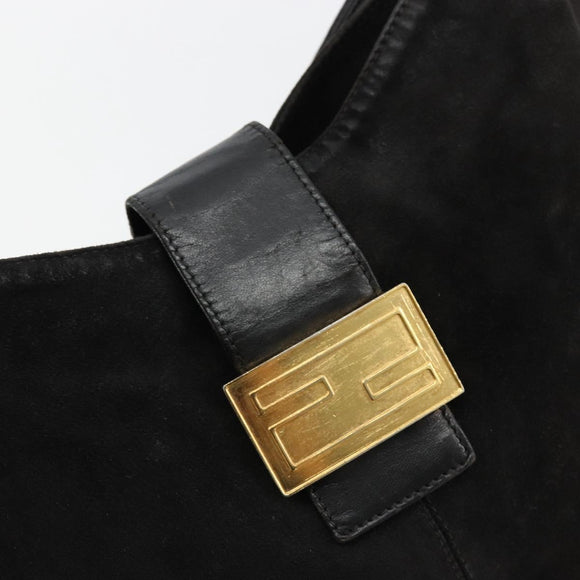 FENDI Mamma Baguette Schultertasche Wildleder Schwarz Gold Auth 185022