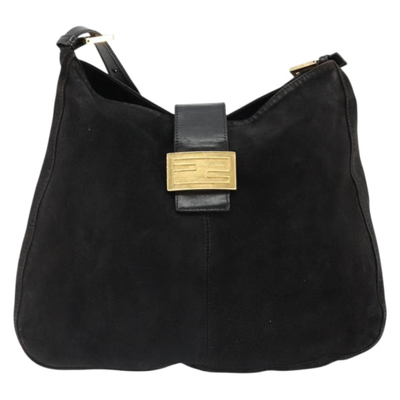 FENDI Mamma Baguette Schultertasche Wildleder Schwarz Gold Auth 185022