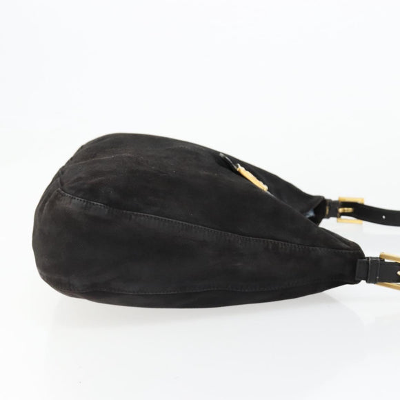 FENDI Mamma Baguette Schultertasche Wildleder Schwarz Gold Auth 185022