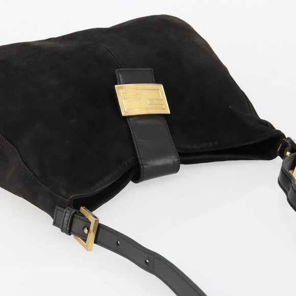 FENDI Mamma Baguette Schultertasche Wildleder Schwarz Gold Auth 185022