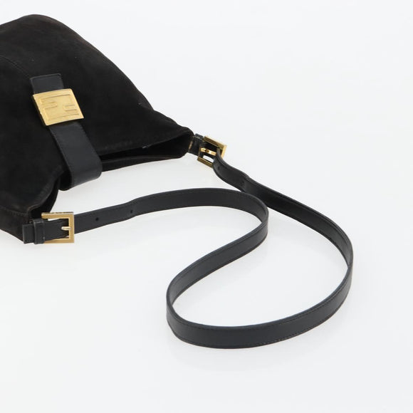 FENDI Mamma Baguette Schultertasche Wildleder Schwarz Gold Auth 185022