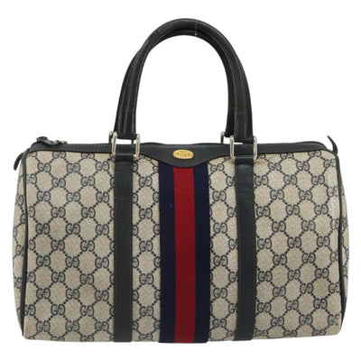 GUCCI GG Supreme Sherry Line Boston Bag PVC Navy Gold 012 3842 58 Auth 185029 - 0