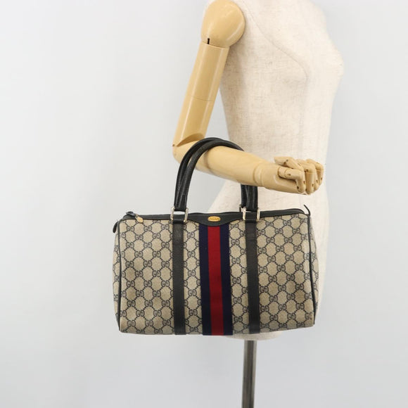GUCCI GG Supreme Sherry Line Boston Bag PVC Navy Gold 012 3842 58 Auth 185029
